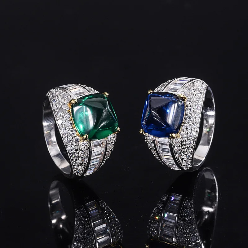 S925 Silver Imitation Colorful Treasure Emerald Blue Treasure Sugar Tower Full Set Ring Main Stone 10 * 10