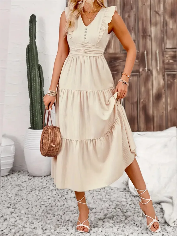-Border Foreign Trade Ruffled Smocking Slim-Fit Solid Color Jacquard Long Sleeveless Dress Spring/Summer Female Dress Cake