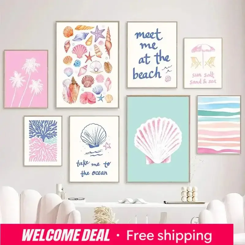 2026 Coastal Gallery Wall Art Summer Sea Prints Beach Seashells Diamond Painting Bedroom Decor Trendy Girly Home Decor