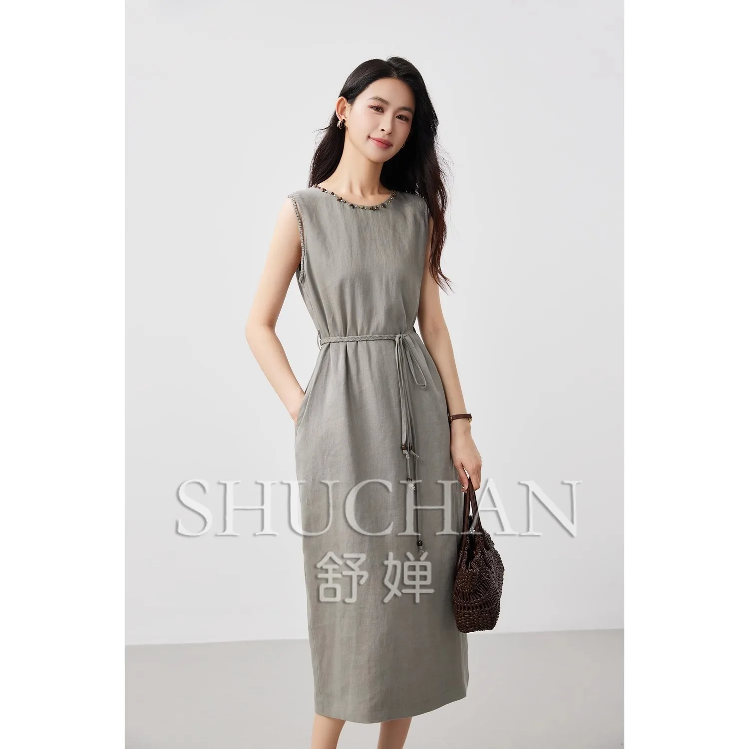 

Mijia Good Quality Handmade Beaded Round Neck, Full Linen Waist Lace-up Sleeveless Tank Dresses Women