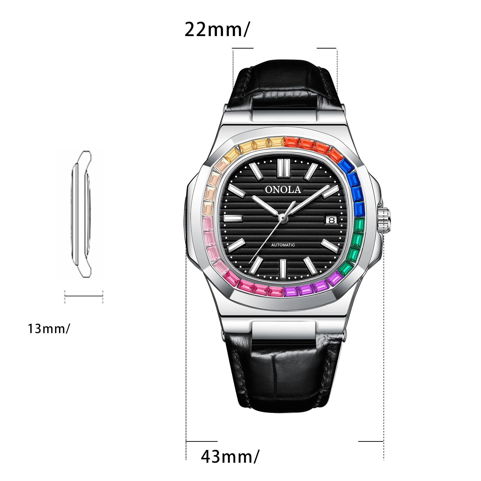 ONOLA Rainbow Diamond Bracelet Fully Automatic Men's Watch Octagonal Rose Gold Case Calendar Waterproof Fashion Mechanical Watch
