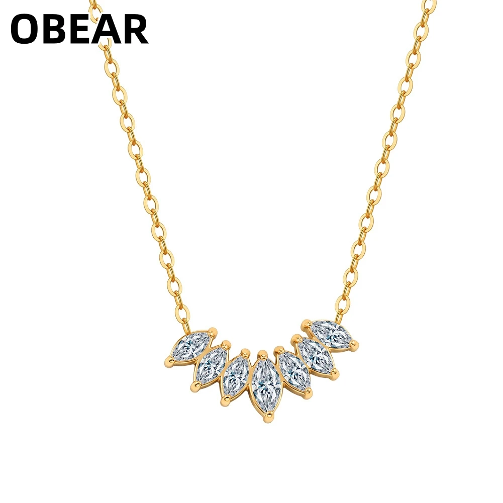 OBEAR Stainless Steel 18K Gold Plated Marquise CZ V Shape Necklace Sparkly Elegant Ladies Clavicle Jewelry Gift