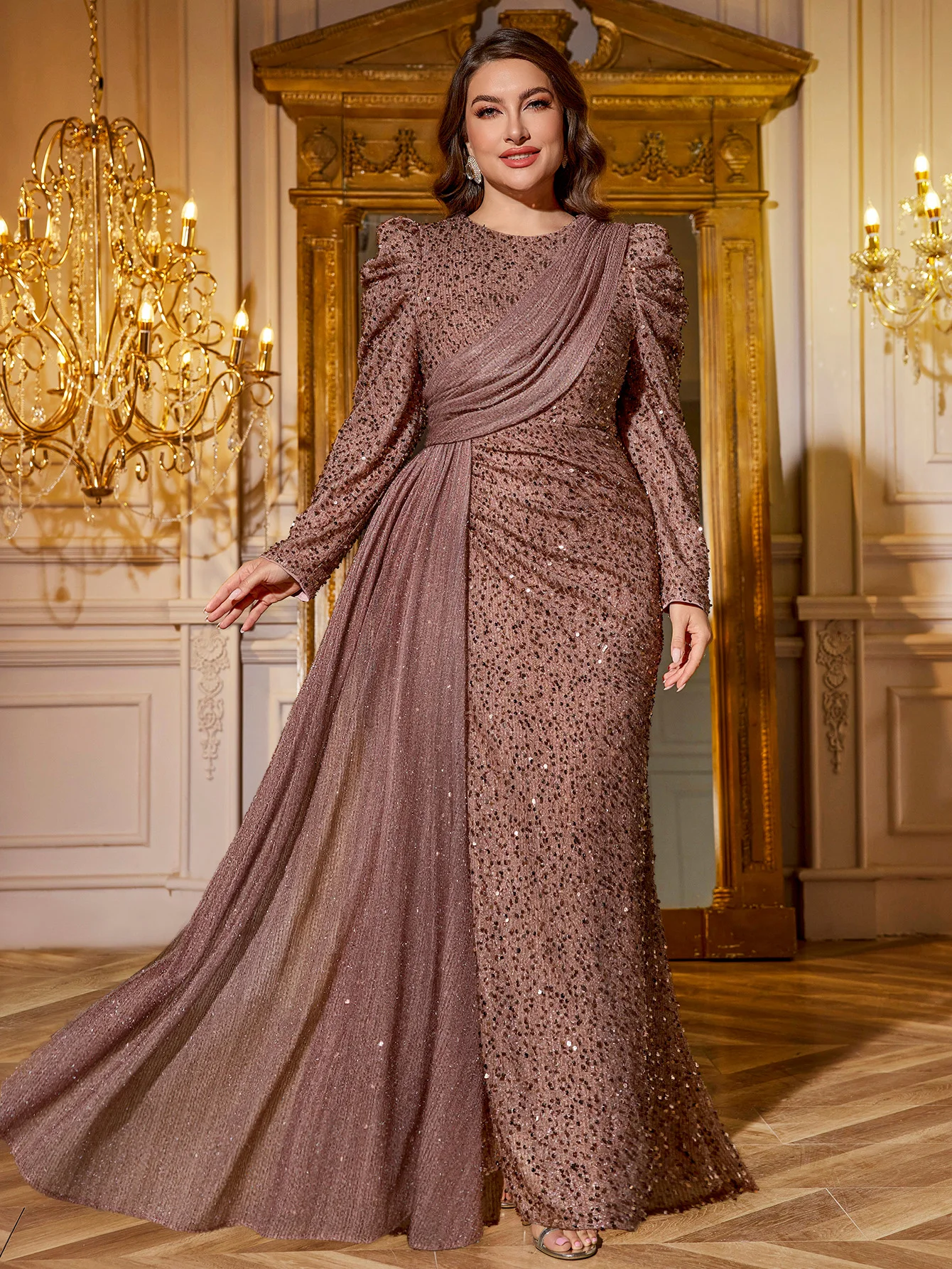 فستان UNITHORSE مقاس كبير للنساء برقبة على شكل حرف V مزين بالتر وأكمام أسقف مكشكشة