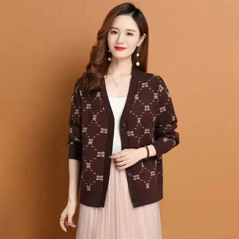 Fashion Buttons Cardigan Ladies Casual Printing Coat Autumn Winter Thin Office Lady Tops V-neck Sweaters Women's Clothing 2023