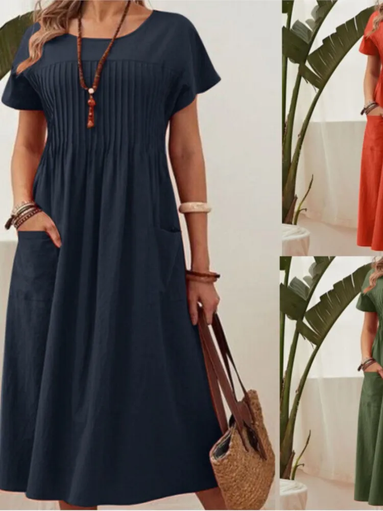 

2025 Women's New Long Skirt New Round Neck Pocket Pleated Women's Dress Summer Fashion Casual Loose Solid Color Skirt Females