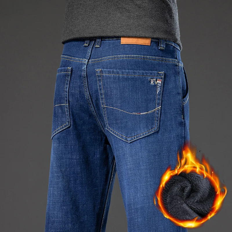 Stretch Fleece Jeans Men Winter New Business Comfortable Thick Velvet Denim Trousers Fashion Straight Casual Male Plush Trousers