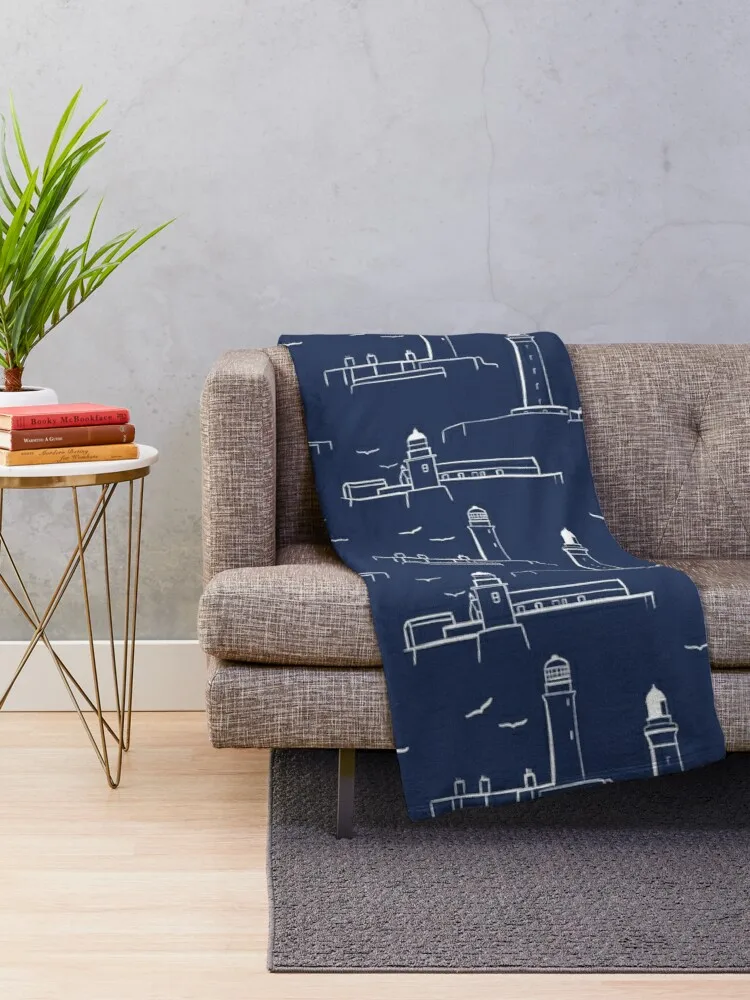 Lighthouses Pattern Version 2 - White on Dark Blue Throw Blanket Shaggy Blanket Soft Big Blanket