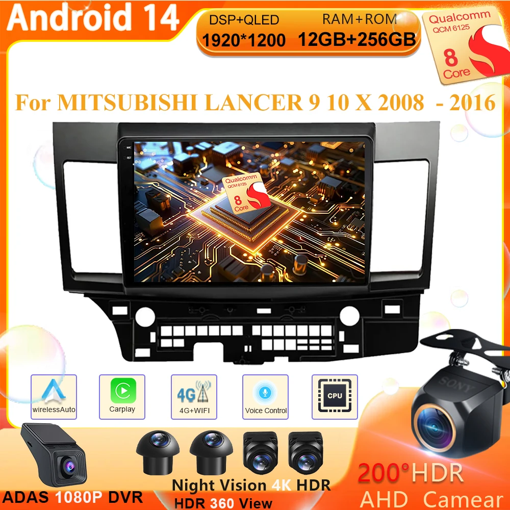 For MITSUBISHI LANCER 9 10 X 2008 2009 2010 2011 - 2016 Android 14 Car Radio Stereo Audio GPS Player Carplay Auto Screen WIFI+4G