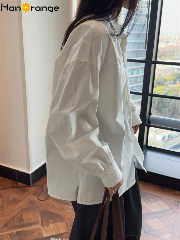 HanOrange 2025 Early Spring Fashion Age Reducing O-neck Lantern Sleeve Shirt Women Loose Silhouette Casual Top White/Pink