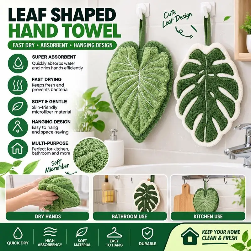 1/2Pcs Leaf-Shaped Bathroom Hand Towel, Hangable Design, Absorbent Material, Suitable For Bathroom, Restaurant Hair Accessories
