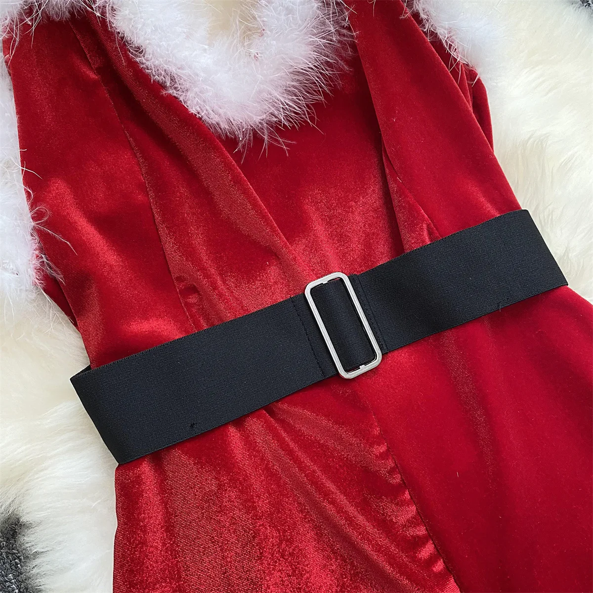 Lovermore-Christmas Plush Feather Jumpsuit com Belts, Cosplay Uniform, Sexy Lingerie, Role Play Outfit, New Year Underwear, Hot Girl