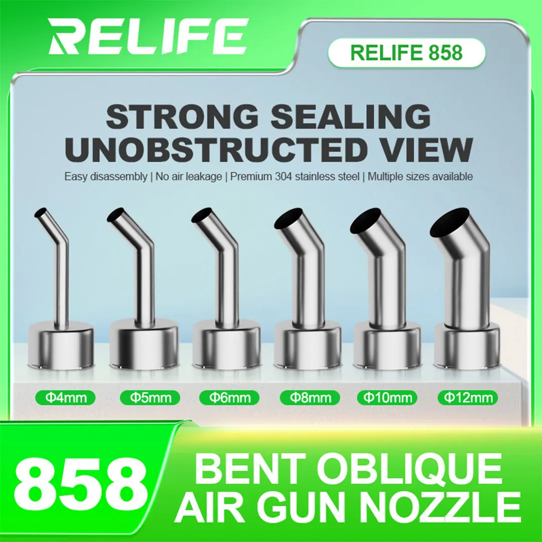 RELIFE 858 Series Bending Oblique Nozzles 4mm/5mm/6mm/8mm/10mm/12mm Strong Compatibility Hot Air Soldering Station Heat Nozzle