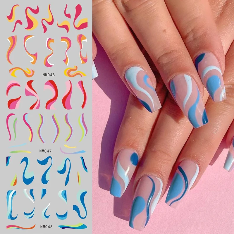 French Tips Stickers Black Geometric Lines Water Transfer Nail Decals Colorful Heart Letters Sliders Full Cover Nail Wraps