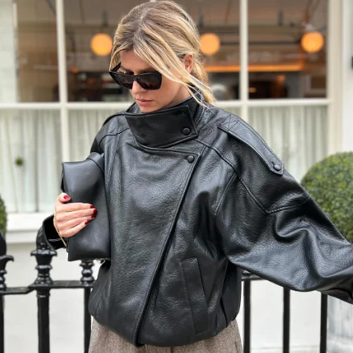 Imagen 2 del producto HXAO, recién llegado, chaqueta Bomber para mujer, chaquetas negras de cuero, prendas de vestir exteriores recortadas de gran tamaño, abrigos de manga larga con cremallera, chaqueta para exteriores