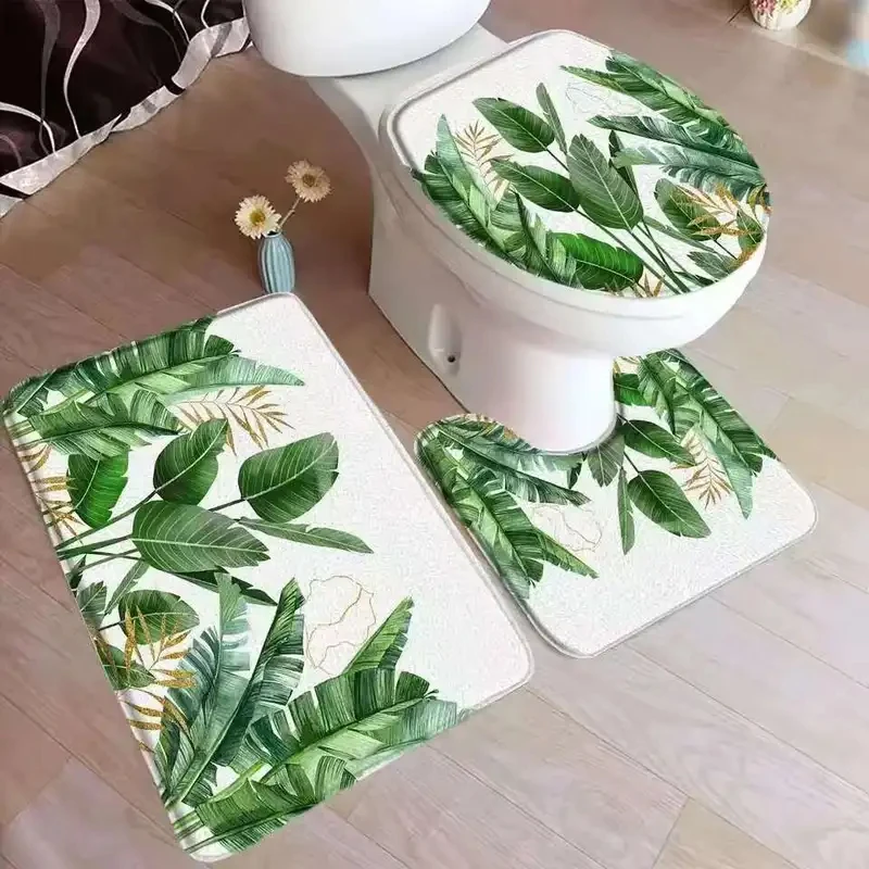 Juego de alfombrillas de baño VIKAMA con diseño de hojas tropicales, palmeras y plantas verdes, suaves, absorbentes de agua, antideslizantes.