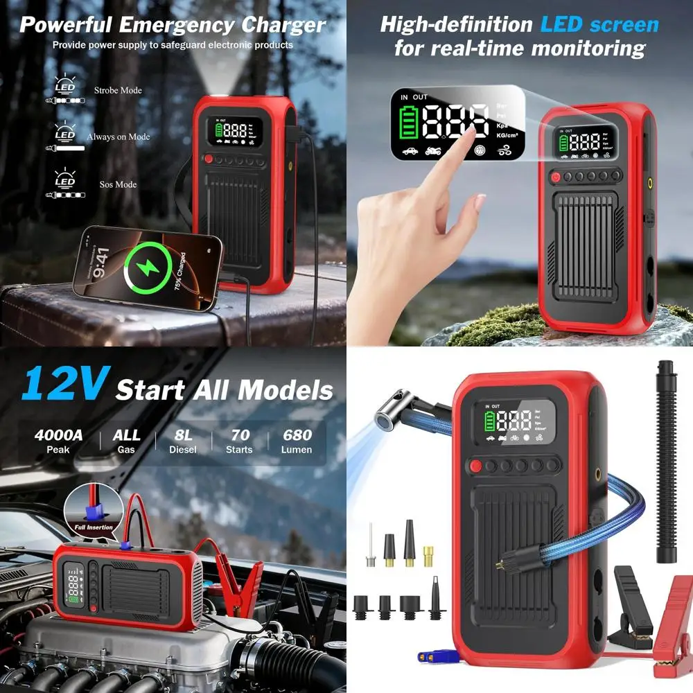 

Портативный воздушный компрессор для накачивания шин, автомобильный стартер 12 В, воздушный насос 150 фунтов на квадратный дюйм и 28000 мАч с воздуходувкой, цифровой манометр