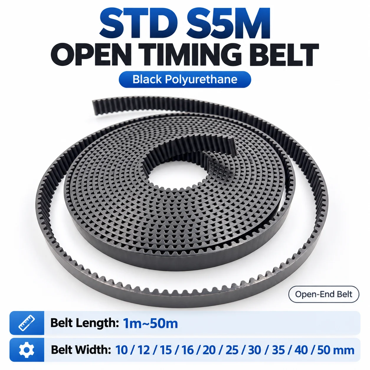 STD S5M Open Belt PU Belt STS S5M Synchronous Belt Width 10/12/15/16/20/25/30/35/40/50mm Black Polyurethane Steel Core Open Belt