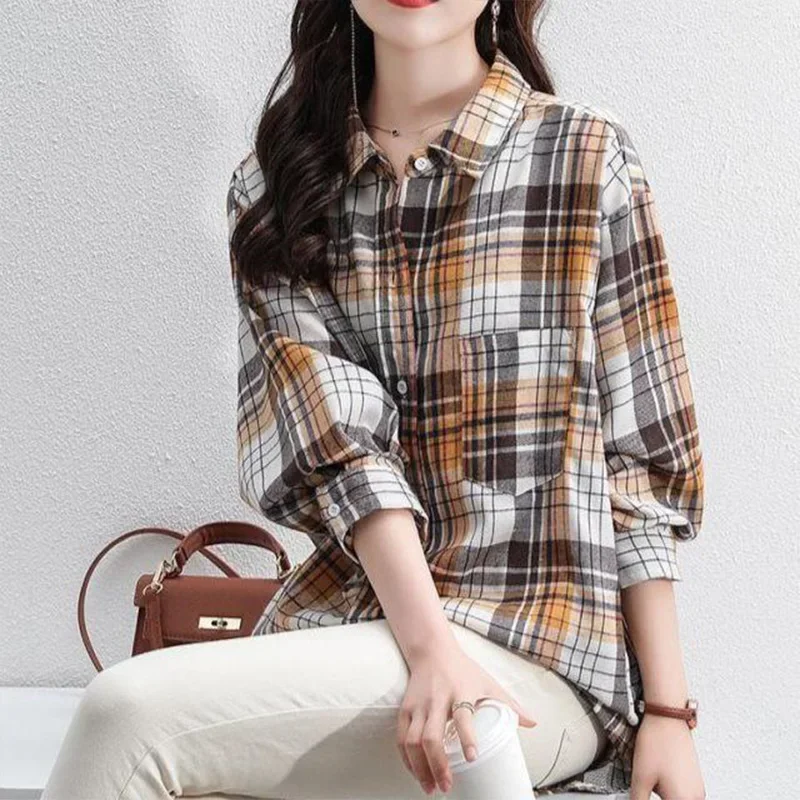 Casual Commuting Plaid Shirt for Women\'s Spring Autumn New Long Sleeved Korean Version Loose Matte Medium Length Trendy Coat Top