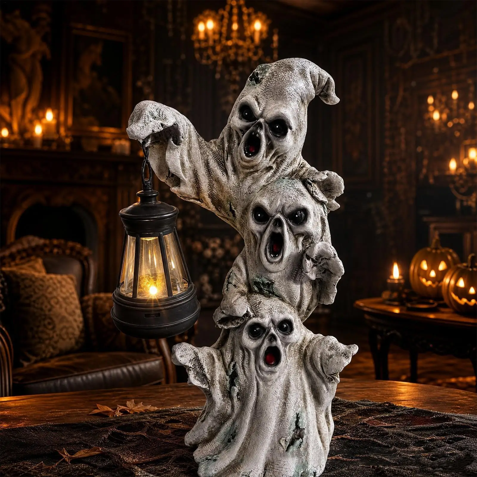 Solar Ghost Lights Outdoor Cute Resin Halloween Glowing Art Decoration Desktop Fireplace Ghost Statue For Outside Backyard Lawn