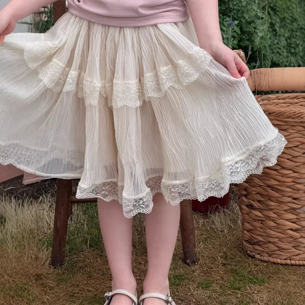 

Children Clothes Girls Sweet Casual Skirt Spring and Summer Girls 2024 Versatile and Retro Pleated Lotus Leaf Lace Skirt