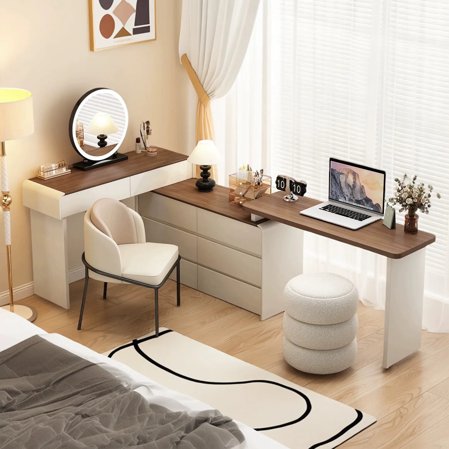 Mesa de Maquiagem de Madeira Sólida para Quarto, Moderna e Simples, Mesa de Canto ao Lado da Cama, Armário Integrado, Mesa de Computador Dois em Um