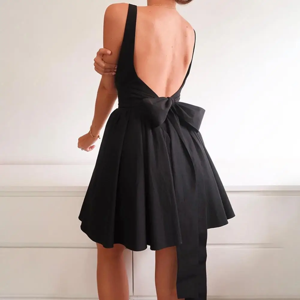 Women Dress Elegant Lace-up Bow A-line Dress for Women Princess Style Mini Dress with Big Hem Square Neck Backless Summer Summer