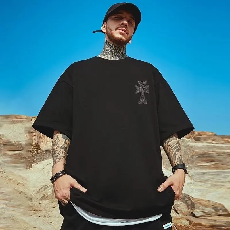 M-8XL Men's T-shirt Oversized Loose and Fashionable Cross Print T-shirt Student Youth Simple Casual Top Summer Couple Outfit image 5