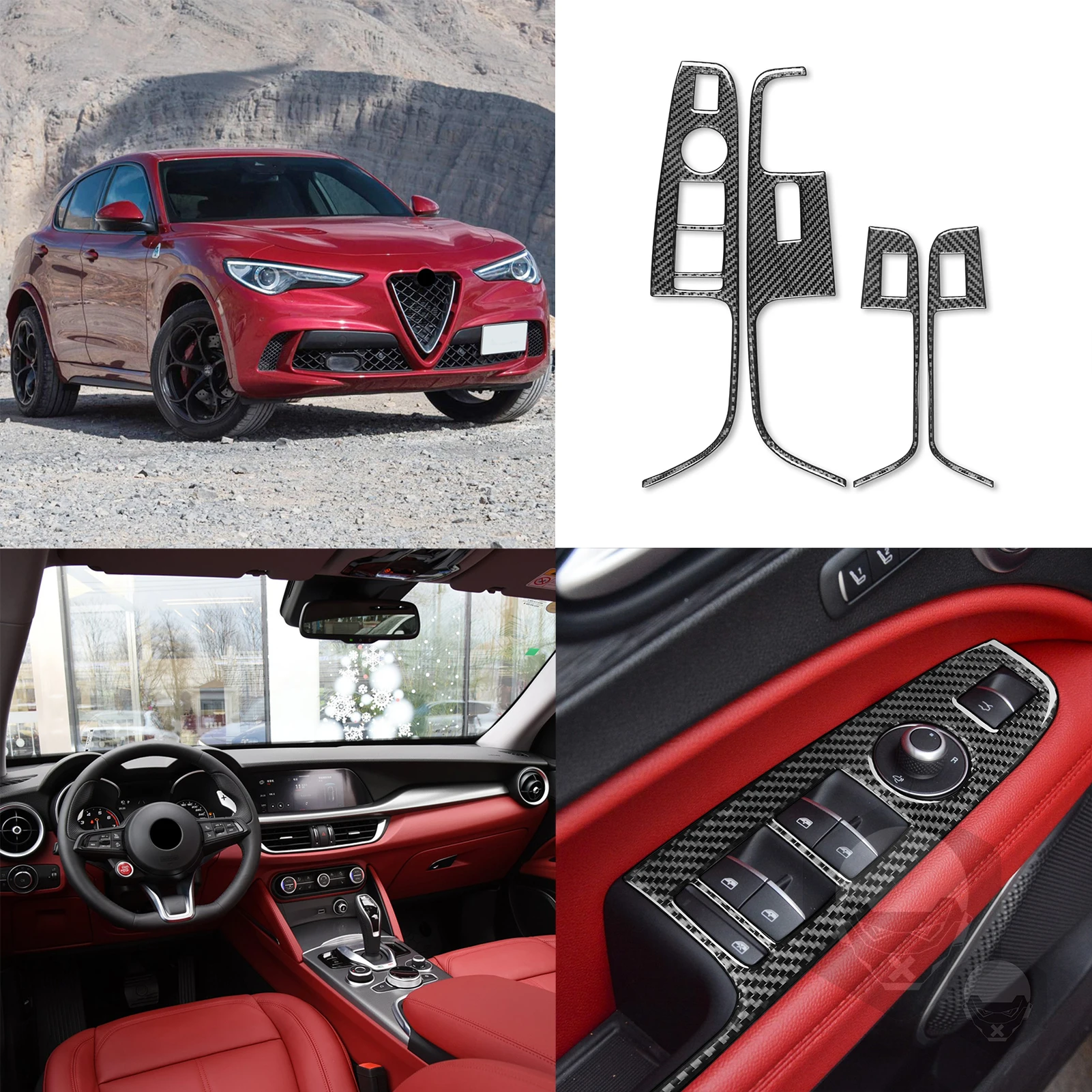 Window Lift Switch Button Panel Cover Trim Sticker Decal for Alfa Romeo Stelvio 2016-2022 Car Interior Accessories Carbon Fiber