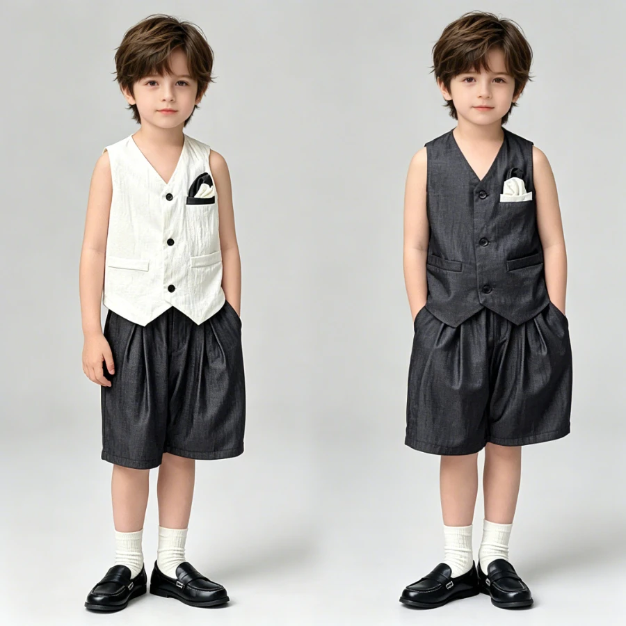 Summer Teen Boys V Neck Vest 2 Piece Outfit Sleeveless Waistcoat Wide Leg Shorts Formal Wedding Party Vintage Suit Set 2-12Years