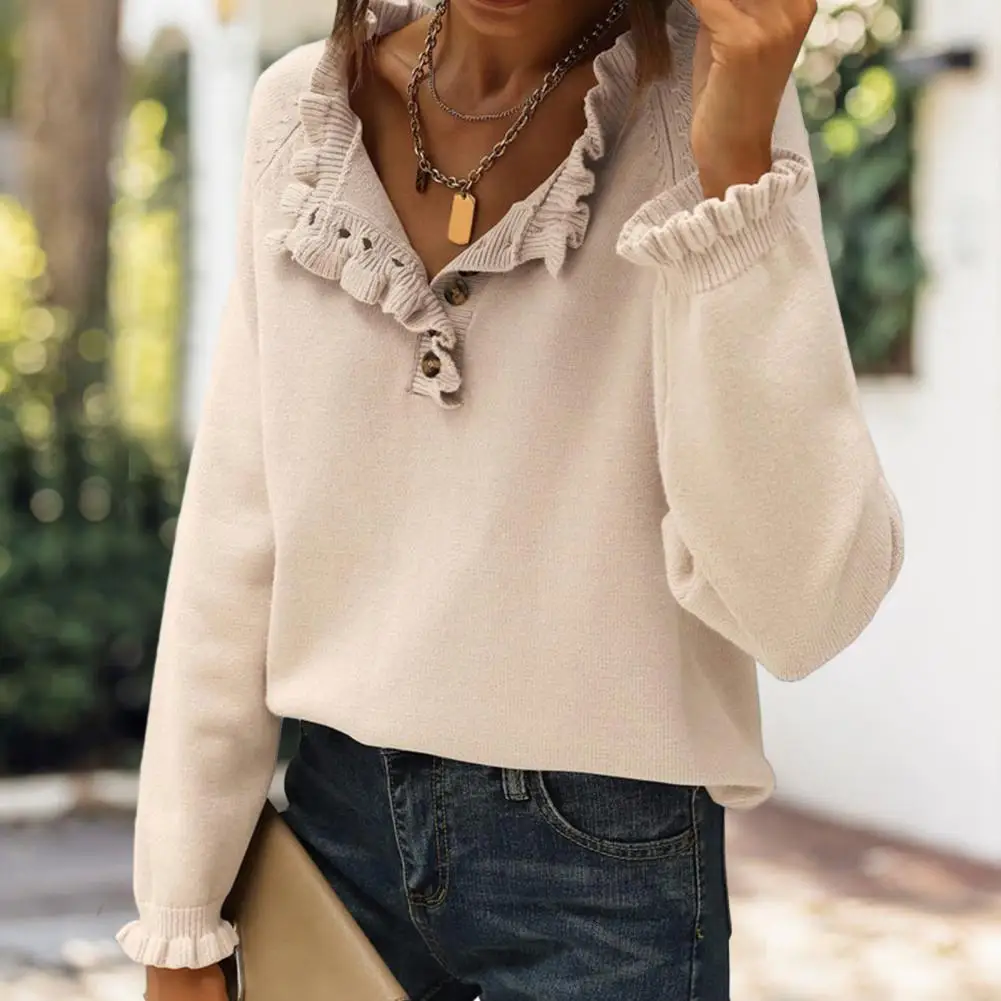 

Women Loose Sweater Women's Autumn Winter Knit Sweater with Ruffle Trim Long Sleeve Button Down Pullover Solid Color for Women