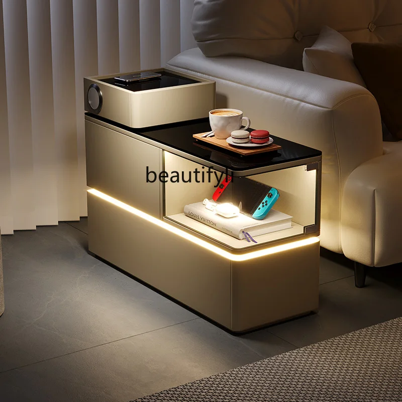 

Sofa side light luxury solid wood movable living room creative multi-functional small coffee table with lamp