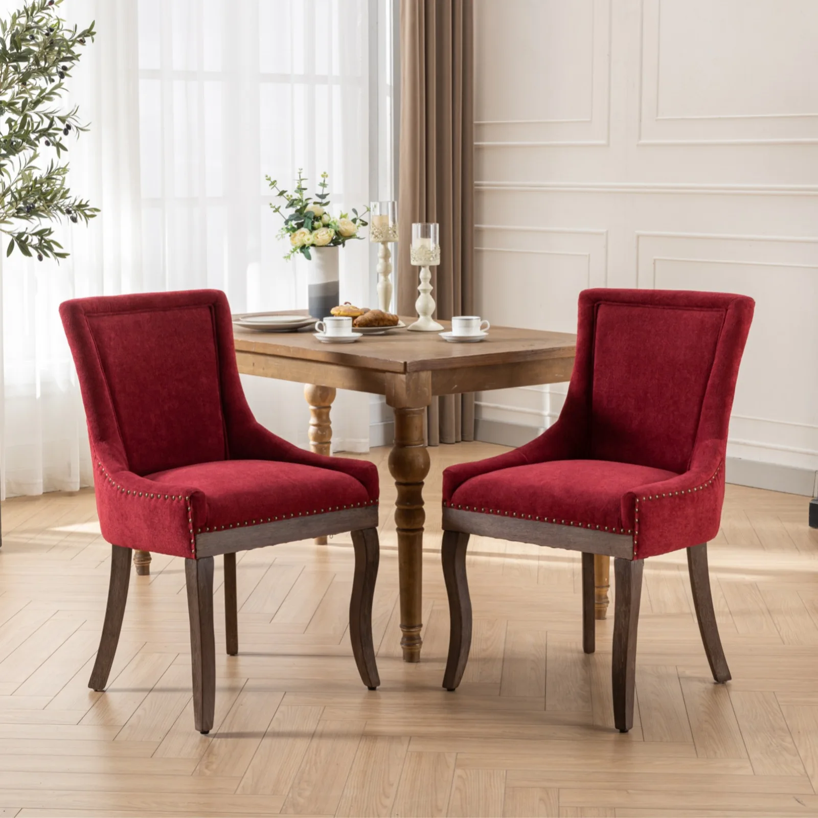 Dining Chair,Thickened fabric chairs with neutrally toned solid wood legs,Bronze nail head,Set of 2,Wine Red,Burgundy