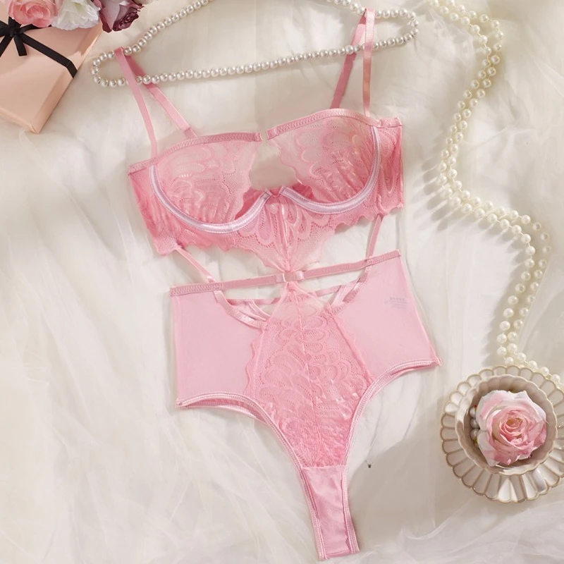 Toucheart Sexy Lace Lingerie Jumpsuit for Women Mesh Hollow Out See-through Underwear Set Exotic Sexy Underwear 2-piece Set New