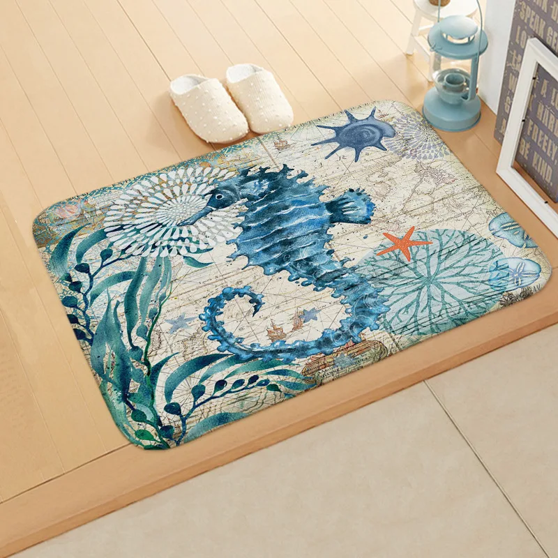 Blue Turtle Bath Mat Tropical Marine Carpet Seahorse Whale Octopus Starfish Foot Pad Retro Sea Animal Bathroom Doormat Floor Rug