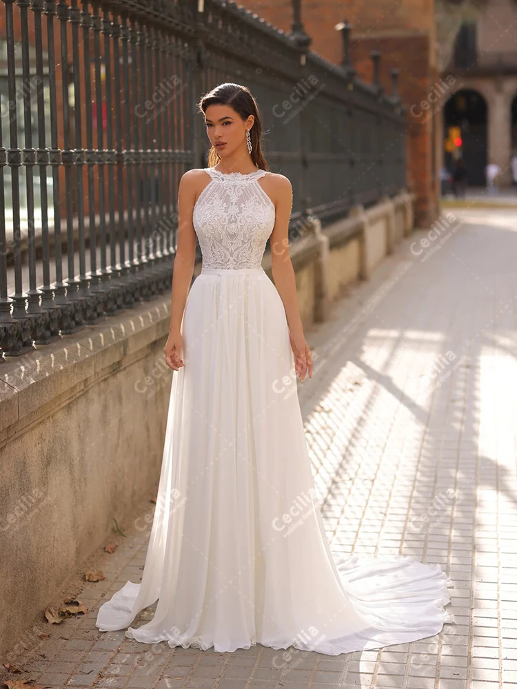 chiffon bridal dress Boho Lace Boat Neck Sweep Train Chiffon Bridal Dress main image 1