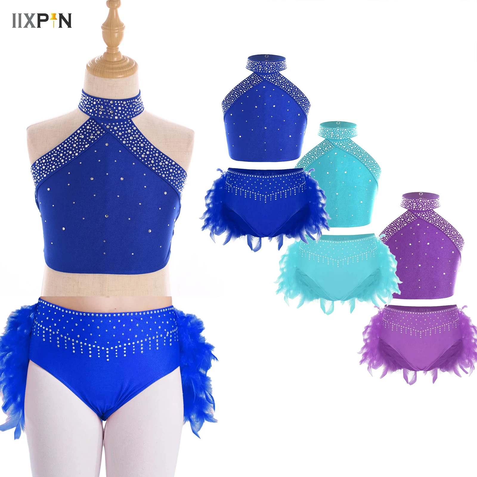 أطفال بنات غنائية الرقص مجموعة الراين سترة مع ريشة ملخصات 2 قطعة ملابس الباليه الحديثة المعاصرة أزياء مسرحية #1