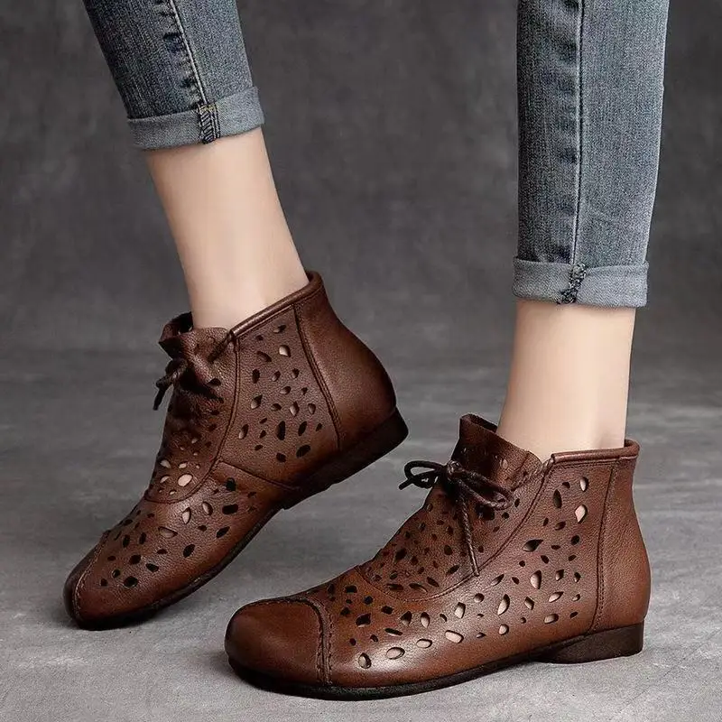 Summer New Ethnic Style Breathable Women Boots Soft Sole All-match Hollow Out Women Casual Flat Boots