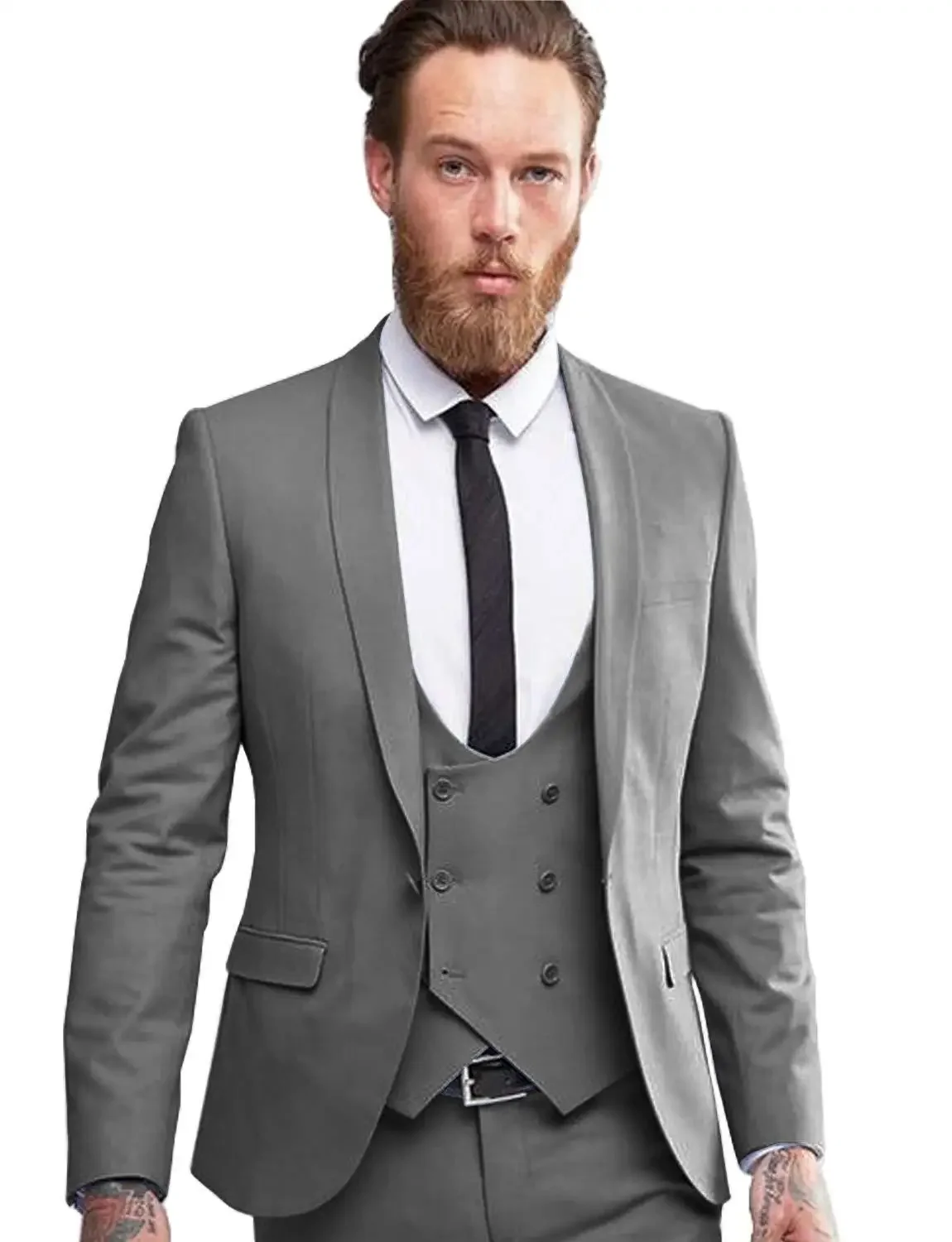 Grey Men Suits 3Pcs Formal Suit Mens Prom Wedding Bridegroom Tuxedos Slim Fit Men Suits Set (Jacket+Pants+Vest)