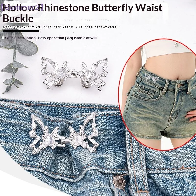 

1 Pair Butterfly Waist Tightener Clips Hollow Butterfly Rhinestone Adjustable Waist Buckle Fashionable Jeans Fixed Waist Buckle