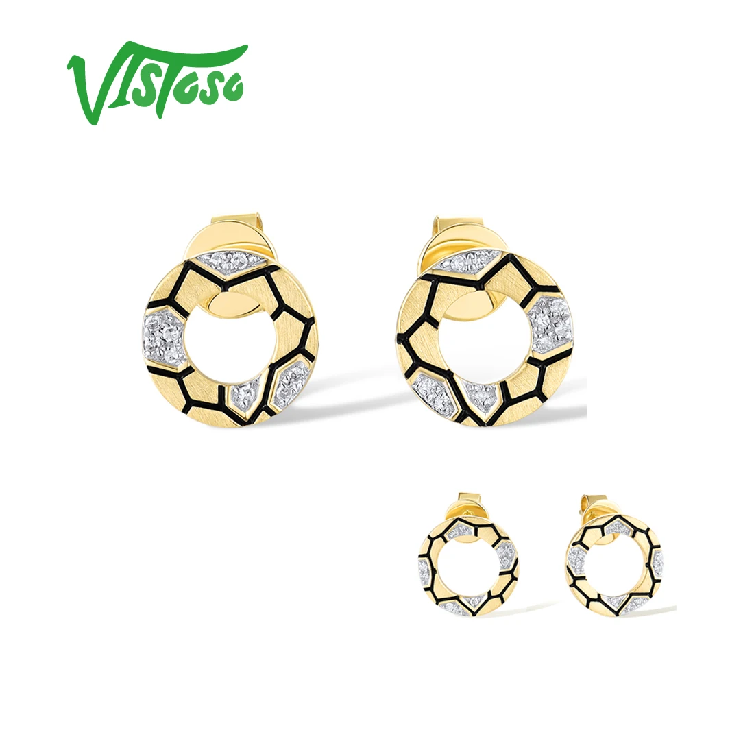 

VISTOSO Real 14K 585 Yellow Gold Studs Earrings For Women Sparkling Diamonds Hexagon Pattern Black Enamel Geometric Fine Jewelry