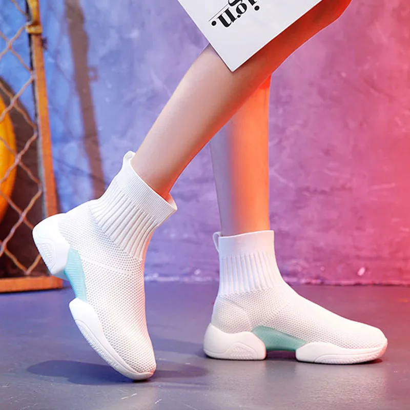 Women Sneakers Stretch Knitted Fabric Sock Boots High-top Breathable Mesh Cloth Platform Trainers Walking Jogging Fitness Shoes