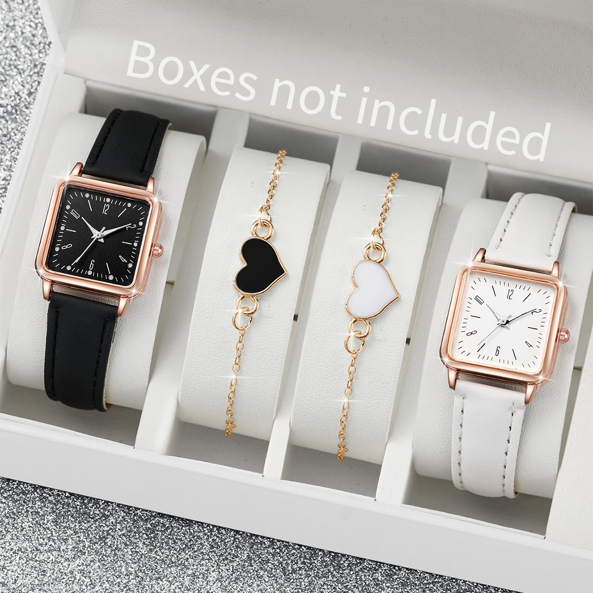 4PCS/Set Women‘s Square Quartz Watch Fashion Arabic Dial Leather Band Watches Heart Bracelets Set（Without Box）