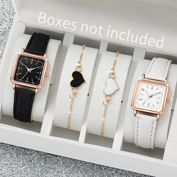2/4PCS Fashion Square Women's Watch Leather Band Quartz Watches Heart Bracelet…