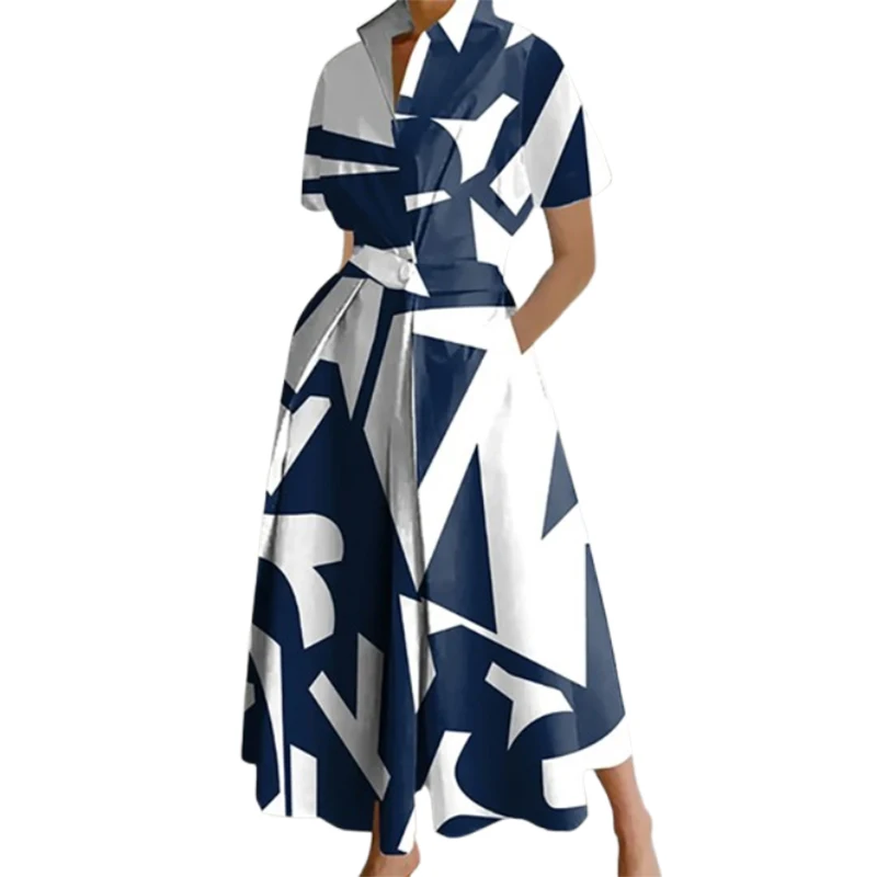 UOOZEE Women Stylish Geometric Printed Lapel Midi Dress 2025 New Summer Short Sleeves Tied Waist Urban Office A-Line Dresses