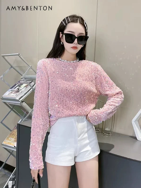 

Sequined Long-sleeved T-shirt Women's European Station 2025 Spring New Korean Fashion Loose Slim Heavy Industry Women Clothing