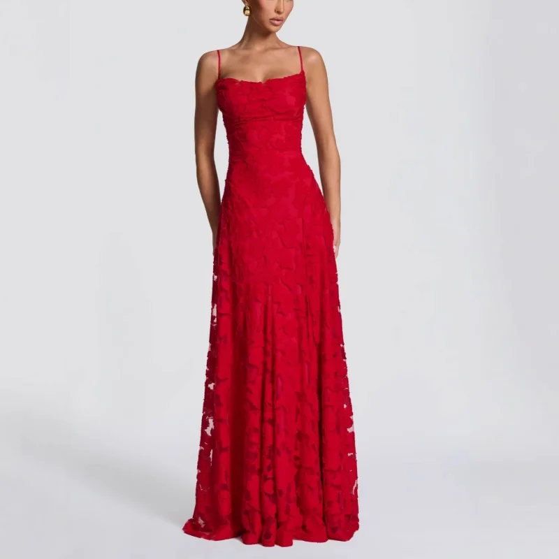 

Sexy Strapless Long Dress Floral Embroidery Backless High Waist Tied Design No Sleeve for Women