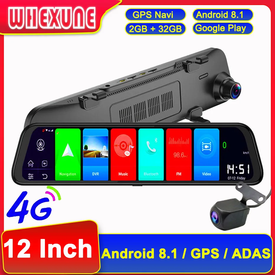 

WHEXUNE 12 Inch 4G Android 8.1 Dual Lens FHD 1080P Stream Media Car Rearview Mirror WiFi GPS Bluetooth Camera Dvrs ADAS Dash Cam