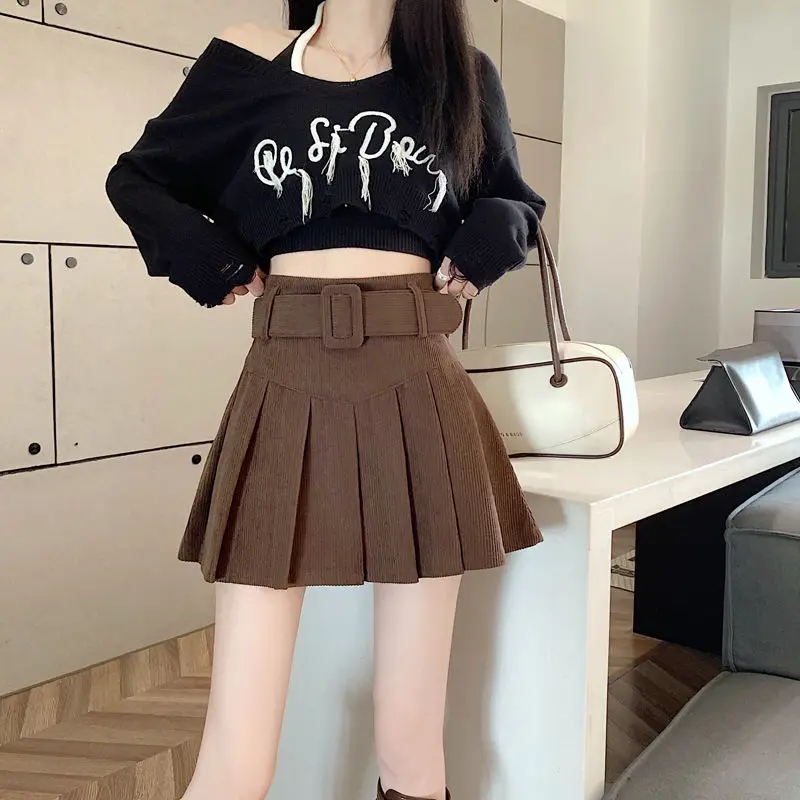 Fashion Zipper Solid Color Sashes Casual Corduroy Mini Skirts Female Clothing 2024 Spring New Loose Korean Pleated Skirts