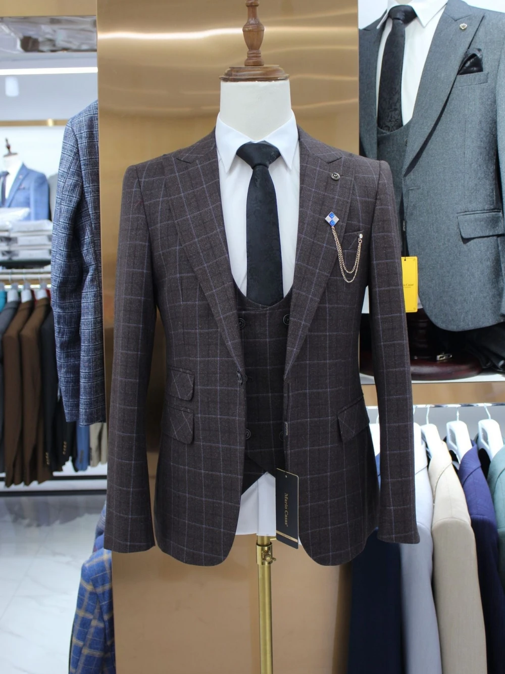 Decent Men\'s 3 Piece Camel Plaid Suit Slim Fit Check Formal Business Wedding Blazer Vest Pants Set Elegant Tuxedo Groom Wear