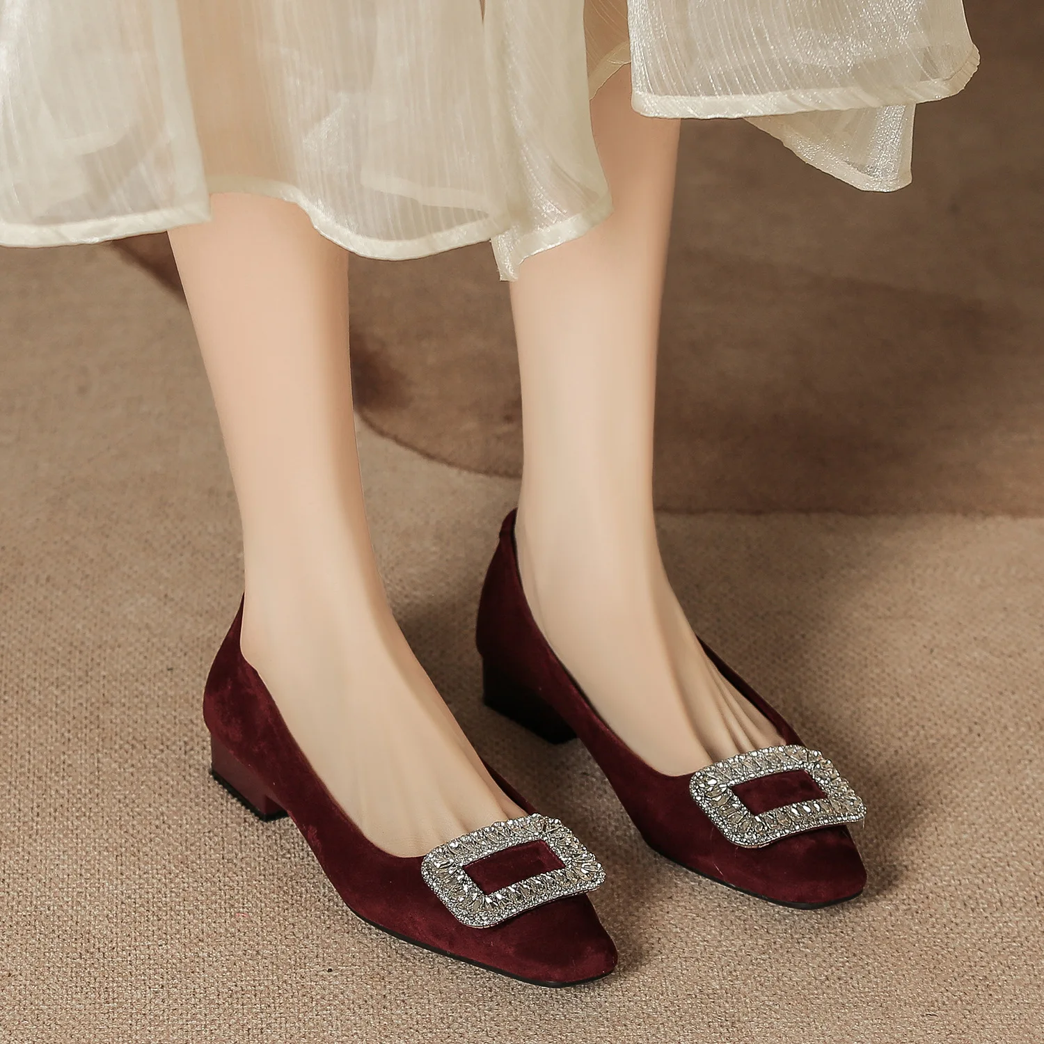 

Autumn Winter Women's Shoes Wedding Shoes Rhinestone Women's Suede Thick Heels Shallow Mouth Single Shoes